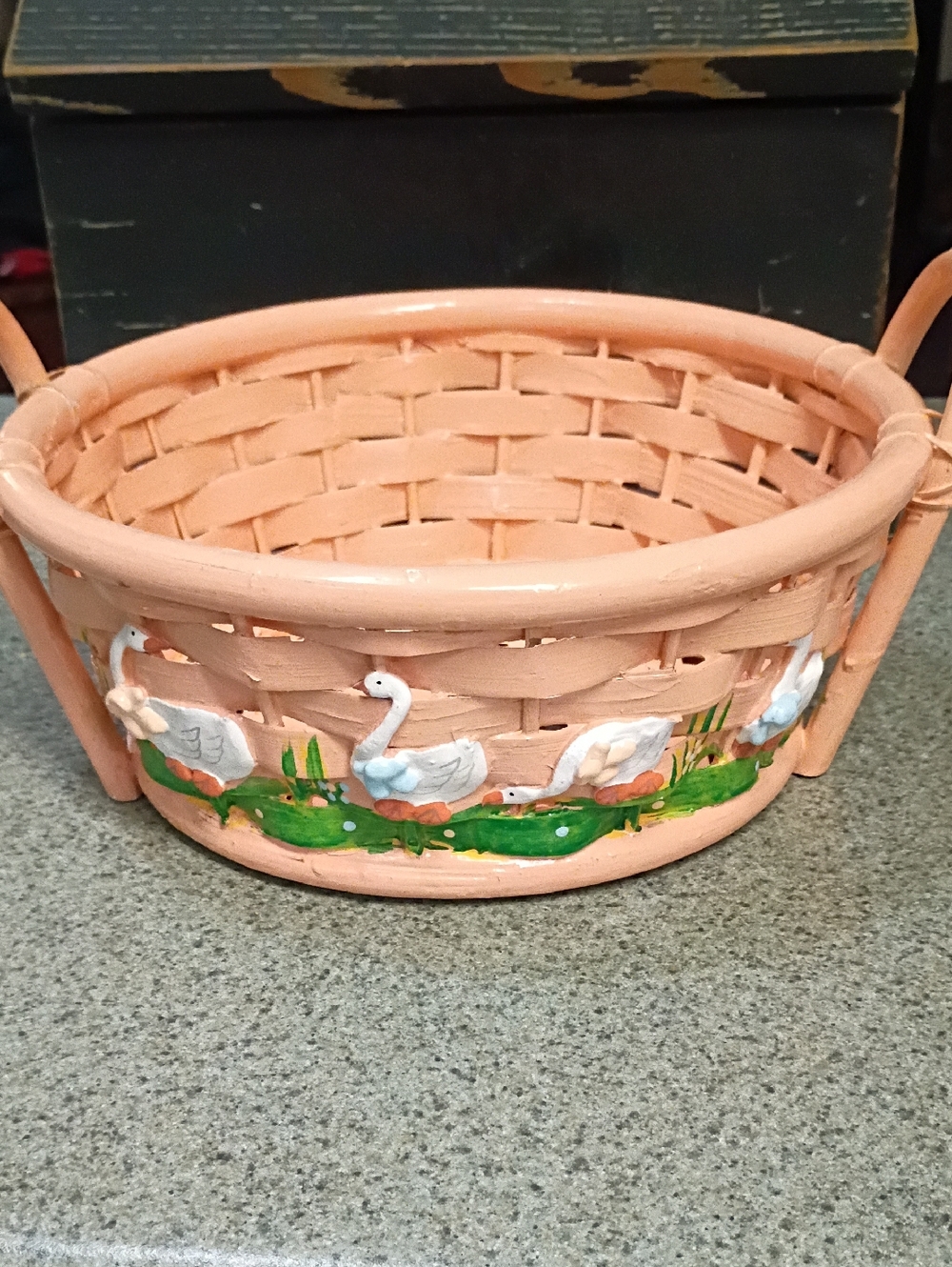 Vintage Cottage Core 4 Ducks Or Geese Peach Handpainted Basket